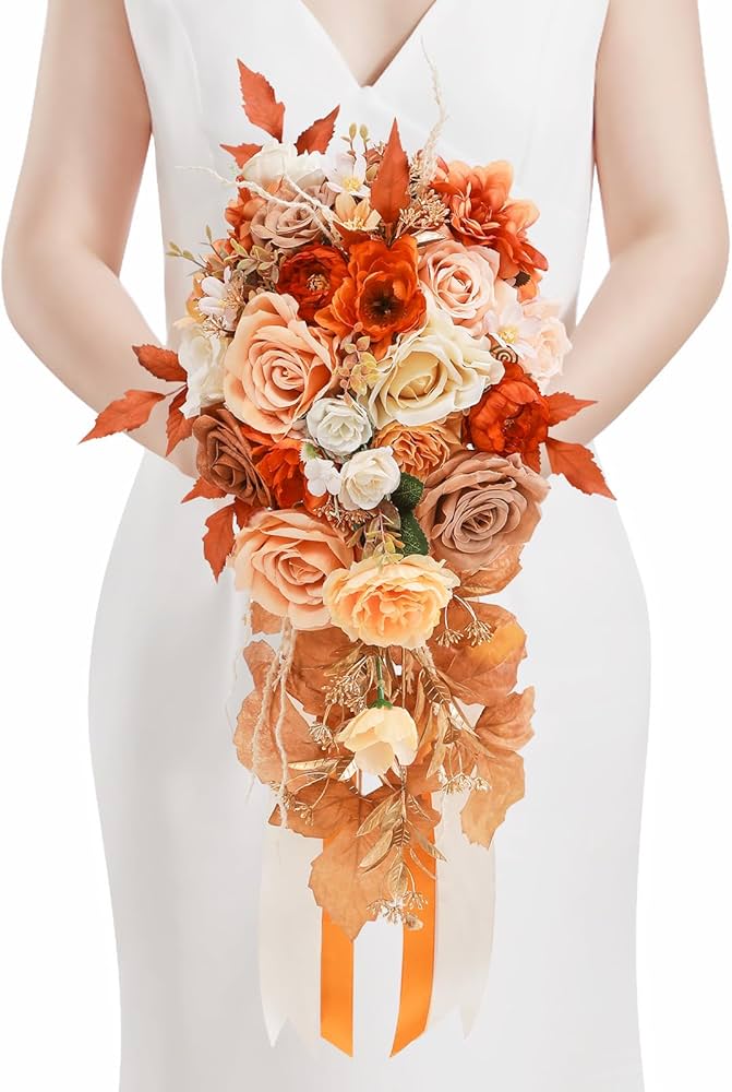 Amazon｜Alecono 花嫁用ウェディングブーケ 9.8インチ 人工オレンジ